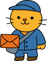 Hand drawn Cat and Career Doodle, Cute cat character dressed as a mail carrier holding an envelope.