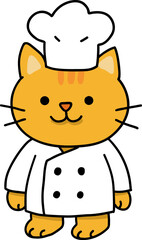 Hand drawn Cat and Career Doodle, Chef cat character wearing a white coat and hat.