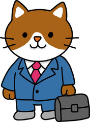 Hand drawn Cat and Career Doodle, Cartoon cat in a suit holding a briefcase.