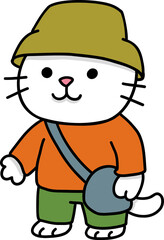 Hand drawn Cat and Career Doodle, Cute cartoon cat in casual outfit with hat and bag.