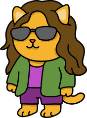 Hand drawn Cat and Career Doodle, Cartoon cat with sunglasses and long hair in casual attire.
