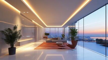 Modern suspended ceiling with recessed lighting, concealing system pipes above a clean white gypsum board surface.