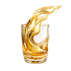 Golden liquid pouring into a clear glass with a black background creating dynamic splash patterns