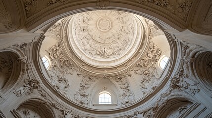 Semi-domed ceiling richly carved with floral Baroque detail and printed scrollwork on curved surface.