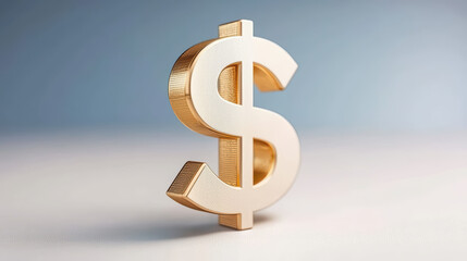 A shiny gold dollar sign symbol stands prominently on a smooth surface with a blurred blue and gray background.