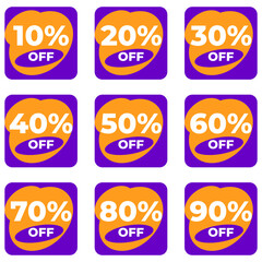 SALE BADGE TEMPLATE DESIGN SET. OFFER WITH DIFFERENT DISCOUNT PROMOTION.PURPLE ORANGE COLOR MODERN DESIGN VECTOR FOR YOUR BUSINESS