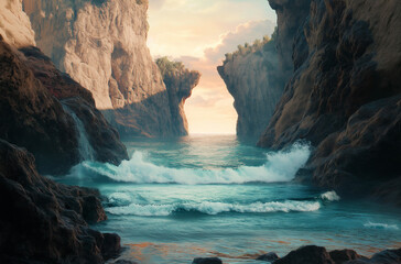 Obraz premium The rocks form a natural arch, the waves crash against it and spray splashing water in all directions.