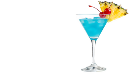 A blue cocktail in a martini glass with pineapple and cherries against a black background drink presentation