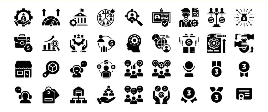 A diverse collection of glyph icons illustrating various business and management concepts, including finance, teamwork, strategy, growth, and success.