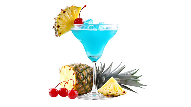 A vibrant blue cocktail in a glass with pineapple and cherries against a black background is shown here