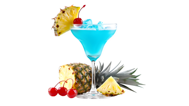 A vibrant blue cocktail in a glass with pineapple and cherries against a black background is shown here