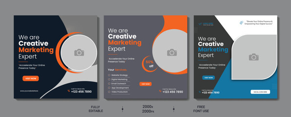 Business marketing agency promotion social media post template. Editable square banner design with place for the photo.
