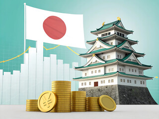 Japanese Castle with Flag and Market Graphics in 3D