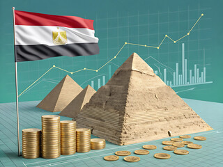 Great Pyramid of Giza with Egyptian Flag and Financial Market Graphics