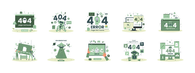 Error 404 page not found illustrations set. Flat vector illustrations.
