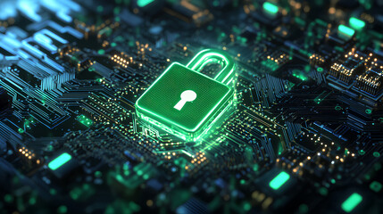 Cybersecurity banner with glowing green padlock integrated into intricate circuit board design. Digital security theme for data protection, internet safety. Tech concept, data privacy, network Stock I