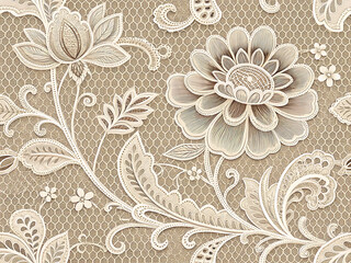 Vintage Floral Lace Seamless Pattern on Nude Mesh Background