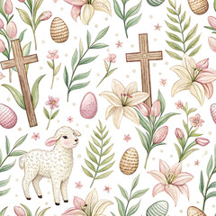 Christian Easter Seamless Doodle Pattern with Crosses and Lambs