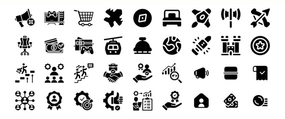 A diverse collection of glyph icons representing various concepts such as business, technology, gaming, travel, and more, suitable for website or application use.