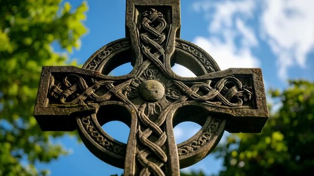 Celtic cross stone monument with intricate carvings stands outdoors against a sky and lush green trees, showcasing Irish cultural heritage.