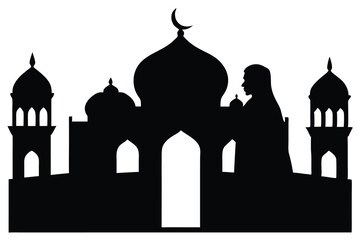 Silhouette couple romantically standing before an eidgah mosque