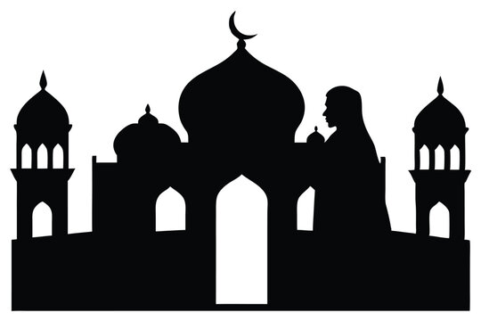 Silhouette couple romantically standing before an eidgah mosque