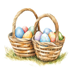Easter Baskets, watercolor drawing vector, isolated on a white background.