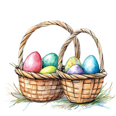 Easter Baskets, watercolor clipart vector, isolated on a white background.