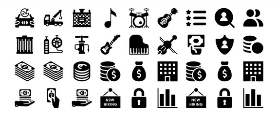 A diverse collection of glyph icons encompassing various categories such as transportation, finance, music, and business, suitable for various applications.