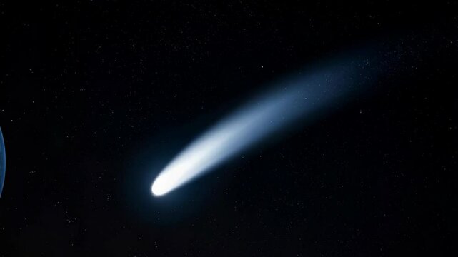 Brilliant comet streaks across the starry night sky, distant blue planet visible on the edge, tail glistening, cosmic spectacle, astronomy.