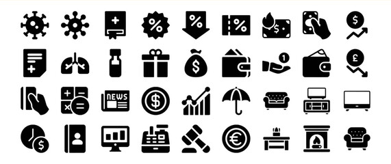 A diverse collection of glyph icons encompassing various concepts such as finance, health, news, home, and more, suitable for web or app design projects.