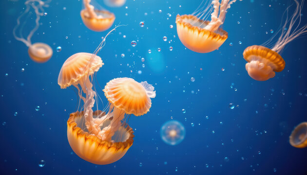 Jellyfish gracefully float vibrant underwater scene, showcasing their translucent bodies and delicate tentacles. serene blue background enhances beauty of these marine creatures, creating
