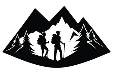 Silhouette couple hiking in majestic mountain landscape