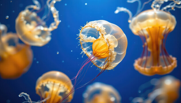 Jellyfish gracefully float vibrant underwater scene, showcasing their translucent bodies and delicate tentacles. serene blue background enhances their ethereal beauty, creating captivating marine - Powered by Adobe