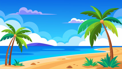 Tranquil Tropical Beach Scene. Palm Trees. Ocean. and Sunny Sky