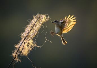 Pájaro silvestre en vuelo al atardecer recolectando material para construir su nido con alas extendidas e iluminadas por el sol