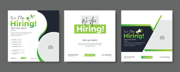 We are hiring job vacancy social media post banner design template. We are hiring job vacancy square web banner design.