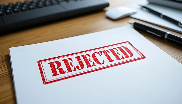 Paper with red stamp REJECTED , means document or application is not given approval or acceptance - Project was refused to accept, acknowledged or used - to deny and dispprove something
