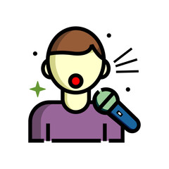 Karaoke mic icon with person singing, flat vector illustration for party and entertainment
