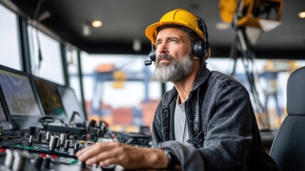 A portrait of a crane operator in a control room, focused intently while managing container movements