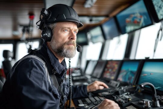 A portrait of a crane operator in a control room, focused intently while managing container movements