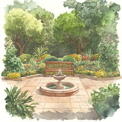 Tranquil garden retreat serene landscape watercolor art natural environment aesthetic viewpoint peaceful concept