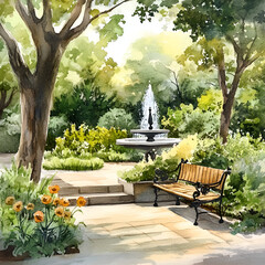 Relaxing park scene with fountain and bench urban garden watercolor art lush greenery serene atmosphere