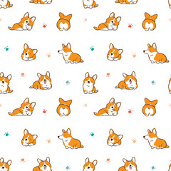 Seamless Pattern with Cute Cartoon Corgi Dog and Paw Design on White Background. Hand Drawn Vector Illustration.