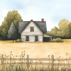 Serene countryside home rural landscape watercolor art tranquil environment front view nature inspiration
