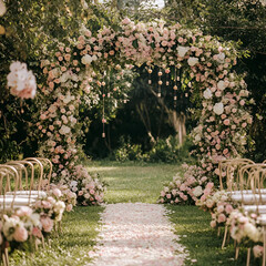 Romantic wedding ceremony garden venue floral arch outdoor setting aerial view love celebration