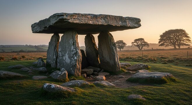 Ancient Megalithic Dolmen at Sunset Rural Landscape Ireland