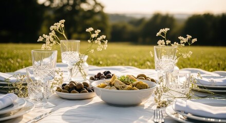 Fototapeta premium Elegant outdoor dining table with glassware and mediterranean food in sunlit field