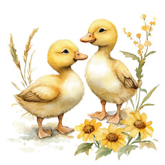 Ducklings Walking Beside Flowers, watercolor painting vector, isolated on a white background.