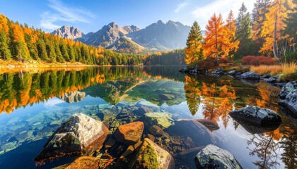 Naklejka premium Autumn lake mountain reflection landscape scenery